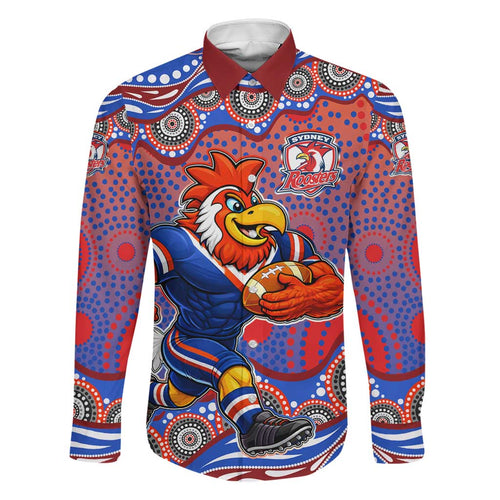 Sydney Roosters Family Matching Off The Shoulder Long Sleeve Dress and Hawaiian Shirt Aboriginal Dot Pattern - Rugby Mascot Heritage Pride