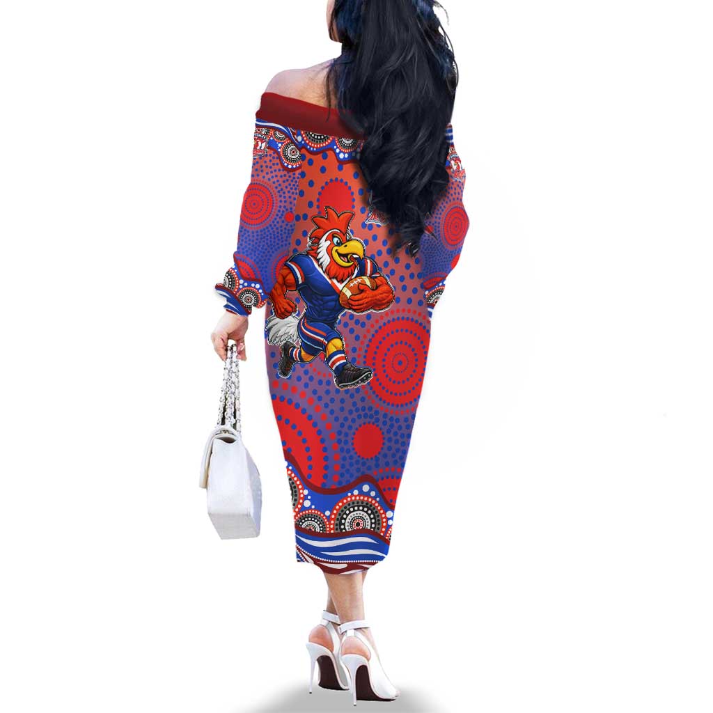Sydney Roosters Family Matching Off The Shoulder Long Sleeve Dress and Hawaiian Shirt Aboriginal Dot Pattern - Rugby Mascot Heritage Pride