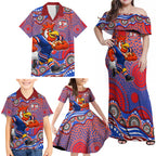 Sydney Roosters Family Matching Off Shoulder Maxi Dress and Hawaiian Shirt Aboriginal Dot Pattern - Rugby Mascot Heritage Pride