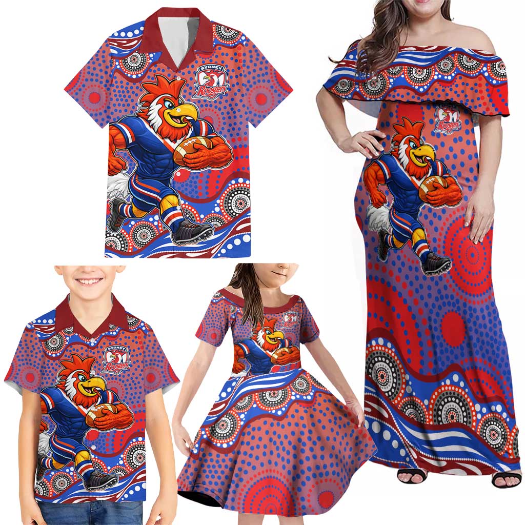 Sydney Roosters Family Matching Off Shoulder Maxi Dress and Hawaiian Shirt Aboriginal Dot Pattern - Rugby Mascot Heritage Pride
