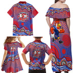 Sydney Roosters Family Matching Off Shoulder Maxi Dress and Hawaiian Shirt Aboriginal Dot Pattern - Rugby Mascot Heritage Pride