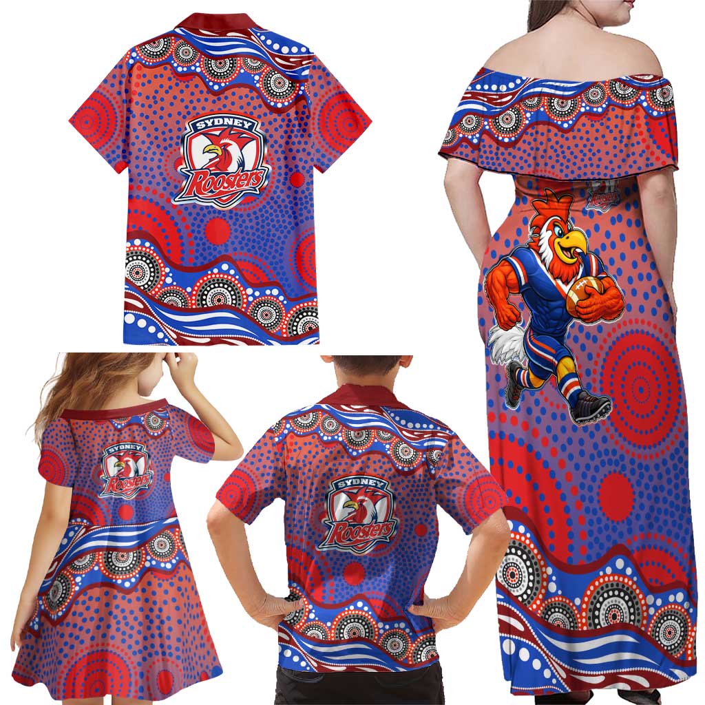 Sydney Roosters Family Matching Off Shoulder Maxi Dress and Hawaiian Shirt Aboriginal Dot Pattern - Rugby Mascot Heritage Pride
