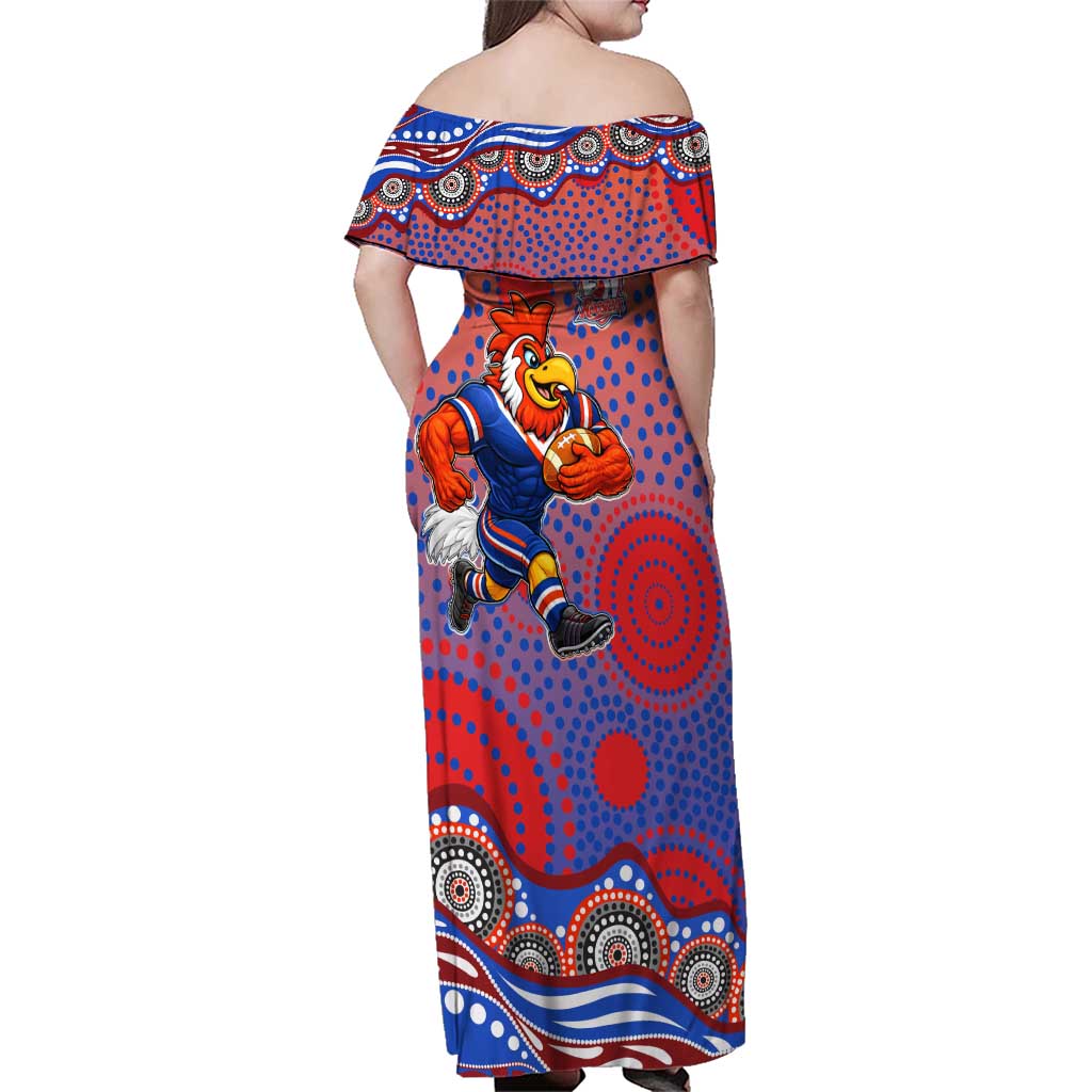 Sydney Roosters Family Matching Off Shoulder Maxi Dress and Hawaiian Shirt Aboriginal Dot Pattern - Rugby Mascot Heritage Pride