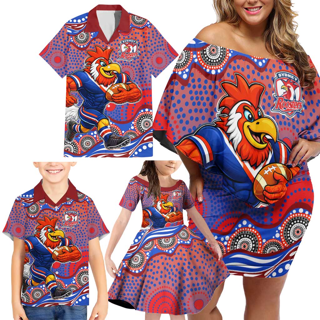 Sydney Roosters Family Matching Off Shoulder Short Dress and Hawaiian Shirt Aboriginal Dot Pattern - Rugby Mascot Heritage Pride