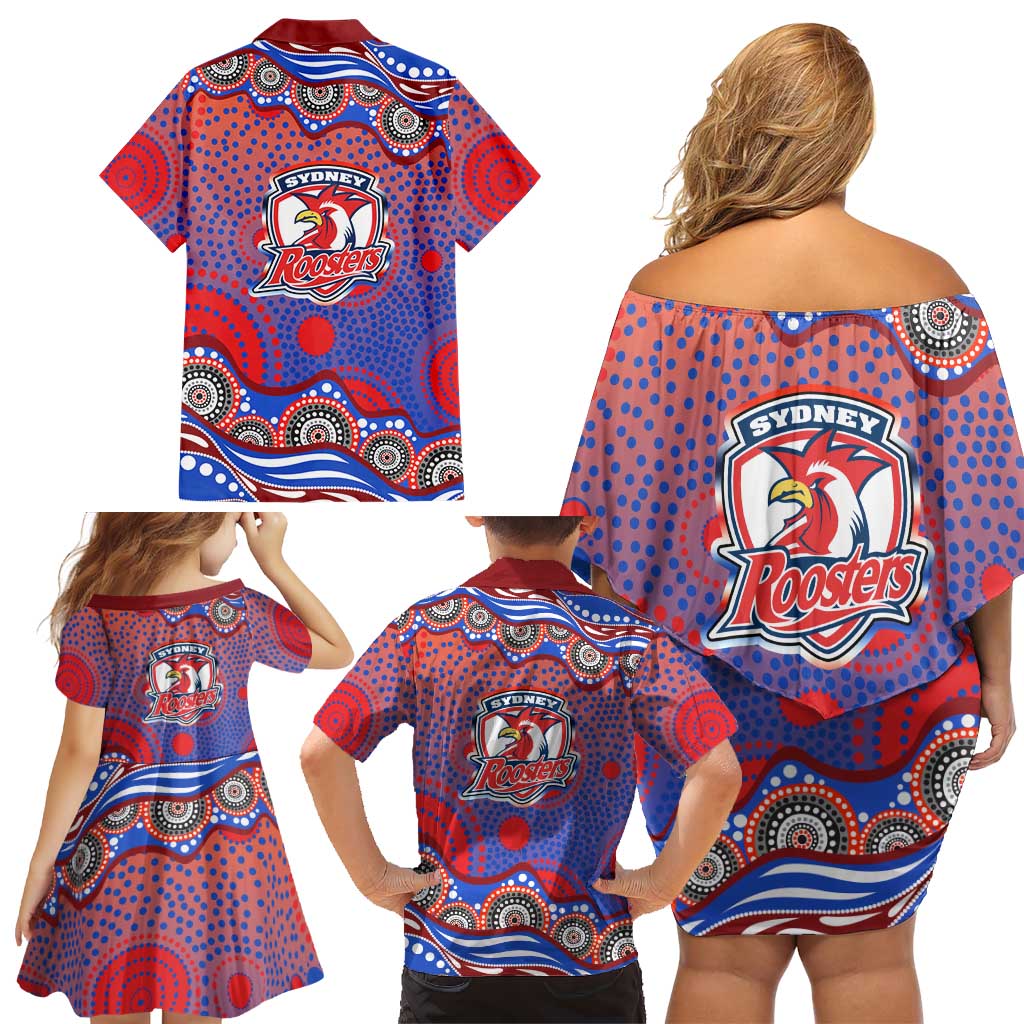 Sydney Roosters Family Matching Off Shoulder Short Dress and Hawaiian Shirt Aboriginal Dot Pattern - Rugby Mascot Heritage Pride