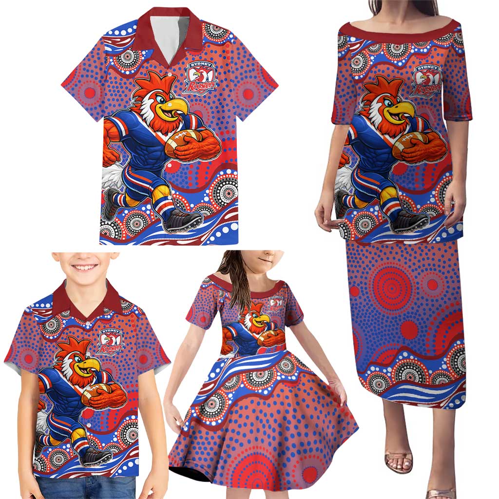 Sydney Roosters Family Matching Puletasi and Hawaiian Shirt Aboriginal Dot Pattern - Rugby Mascot Heritage Pride