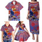 Sydney Roosters Family Matching Puletasi and Hawaiian Shirt Aboriginal Dot Pattern - Rugby Mascot Heritage Pride