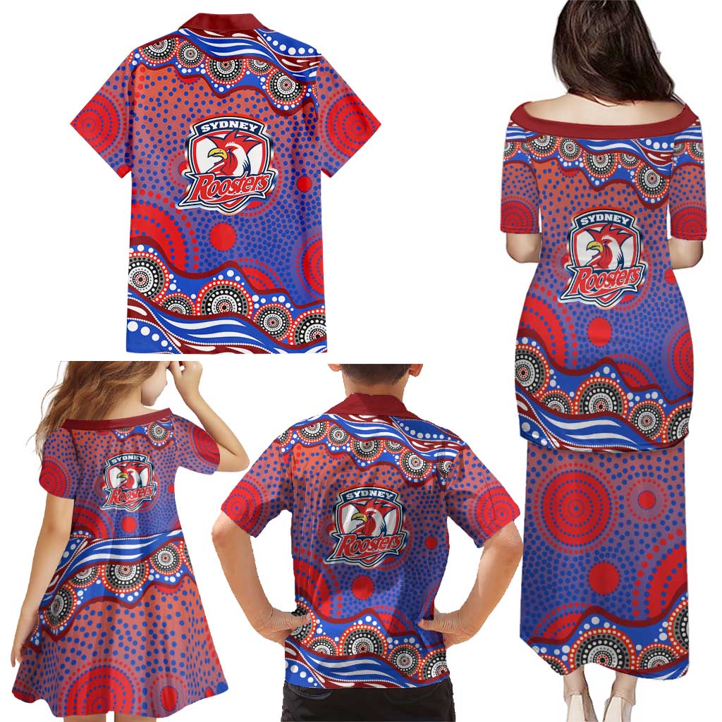 Sydney Roosters Family Matching Puletasi and Hawaiian Shirt Aboriginal Dot Pattern - Rugby Mascot Heritage Pride