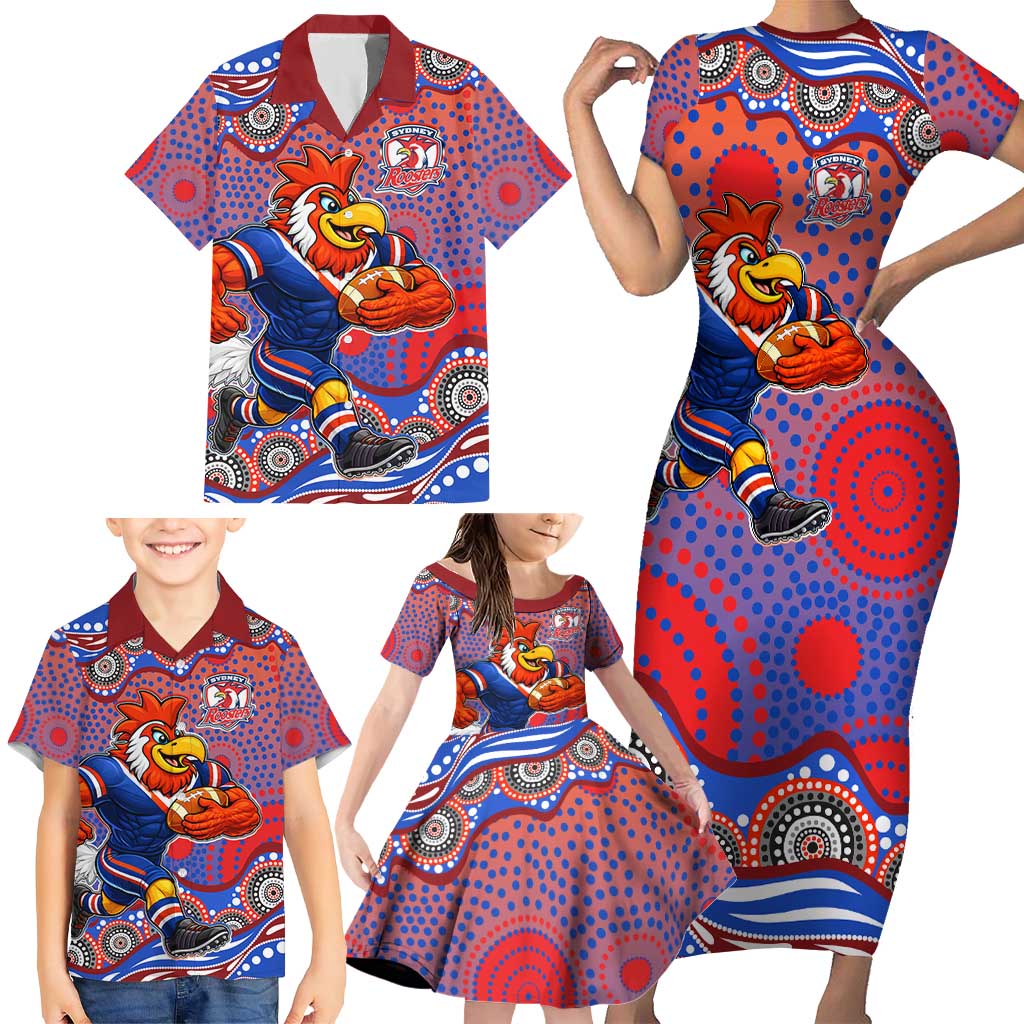 Sydney Roosters Family Matching Short Sleeve Bodycon Dress and Hawaiian Shirt Aboriginal Dot Pattern - Rugby Mascot Heritage Pride