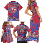Sydney Roosters Family Matching Short Sleeve Bodycon Dress and Hawaiian Shirt Aboriginal Dot Pattern - Rugby Mascot Heritage Pride