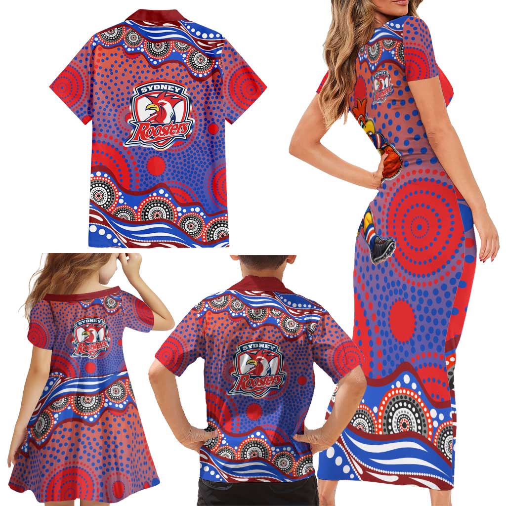 Sydney Roosters Family Matching Short Sleeve Bodycon Dress and Hawaiian Shirt Aboriginal Dot Pattern - Rugby Mascot Heritage Pride