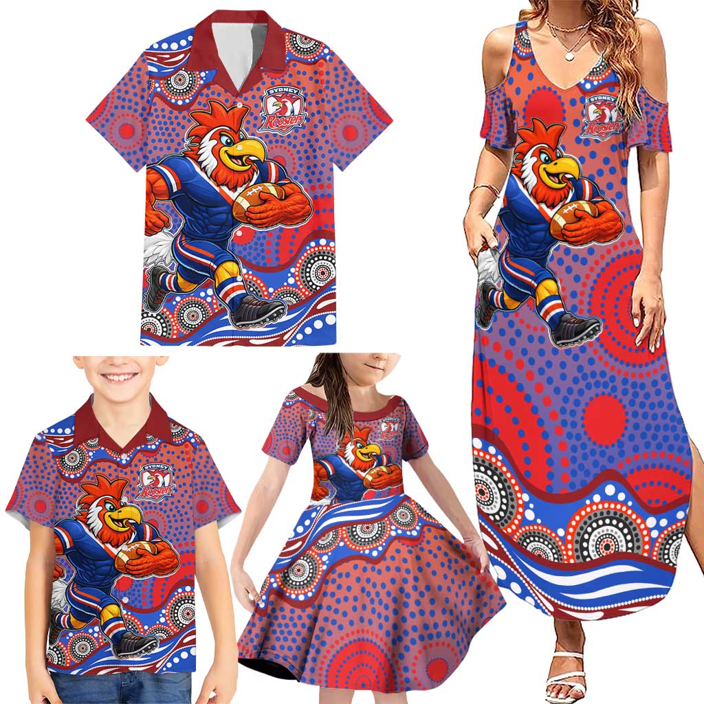 Sydney Roosters Family Matching Summer Maxi Dress and Hawaiian Shirt Aboriginal Dot Pattern - Rugby Mascot Heritage Pride