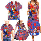 Sydney Roosters Family Matching Summer Maxi Dress and Hawaiian Shirt Aboriginal Dot Pattern - Rugby Mascot Heritage Pride