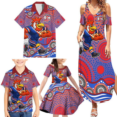 Sydney Roosters Family Matching Summer Maxi Dress and Hawaiian Shirt Aboriginal Dot Pattern - Rugby Mascot Heritage Pride