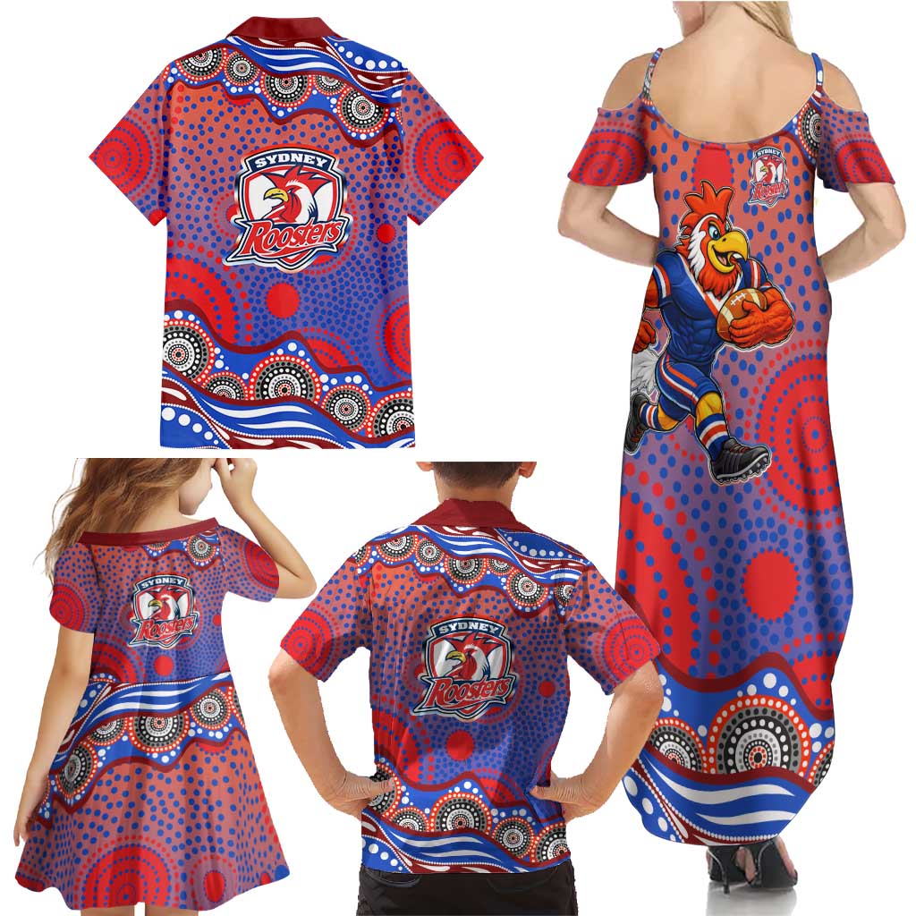 Sydney Roosters Family Matching Summer Maxi Dress and Hawaiian Shirt Aboriginal Dot Pattern - Rugby Mascot Heritage Pride