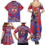 Sydney Roosters Family Matching Summer Maxi Dress and Hawaiian Shirt Aboriginal Dot Pattern - Rugby Mascot Heritage Pride
