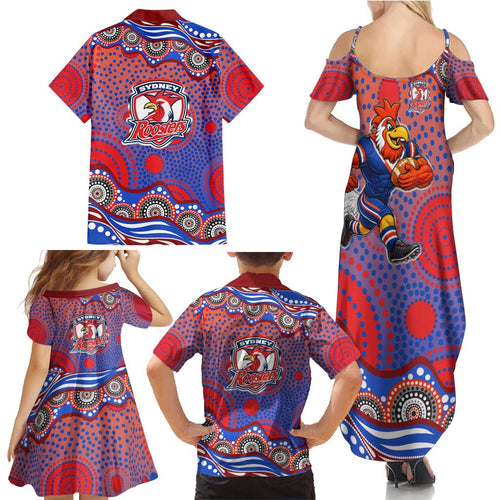 Sydney Roosters Family Matching Summer Maxi Dress and Hawaiian Shirt Aboriginal Dot Pattern - Rugby Mascot Heritage Pride