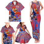Sydney Roosters Family Matching Tank Maxi Dress and Hawaiian Shirt Aboriginal Dot Pattern - Rugby Mascot Heritage Pride