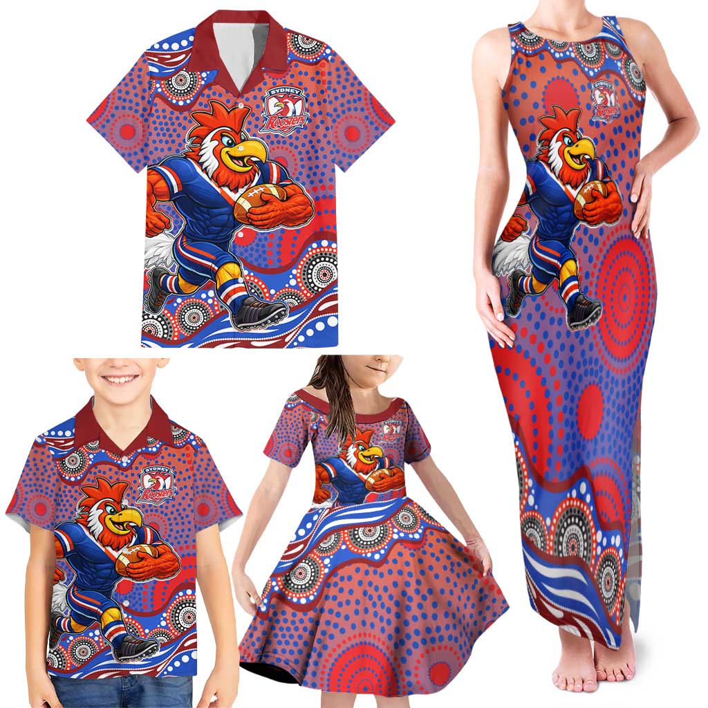 Sydney Roosters Family Matching Tank Maxi Dress and Hawaiian Shirt Aboriginal Dot Pattern - Rugby Mascot Heritage Pride