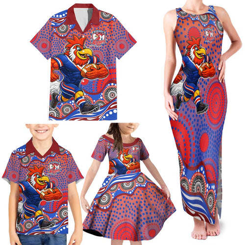 Sydney Roosters Family Matching Tank Maxi Dress and Hawaiian Shirt Aboriginal Dot Pattern - Rugby Mascot Heritage Pride