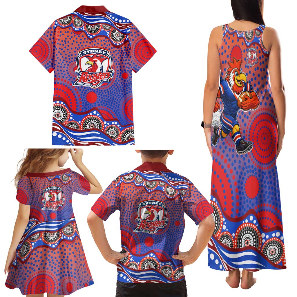 Sydney Roosters Family Matching Tank Maxi Dress and Hawaiian Shirt Aboriginal Dot Pattern - Rugby Mascot Heritage Pride