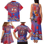 Sydney Roosters Family Matching Tank Maxi Dress and Hawaiian Shirt Aboriginal Dot Pattern - Rugby Mascot Heritage Pride