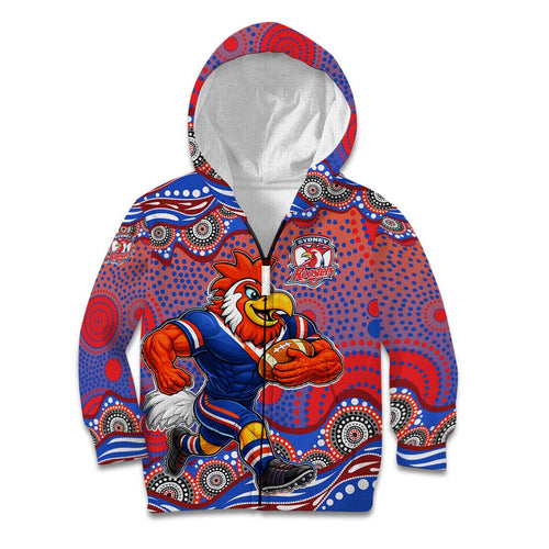 Sydney Roosters Kid Hoodie Aboriginal Dot Pattern - Rugby Mascot Heritage Pride