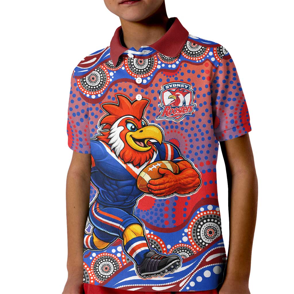 Sydney Roosters Kid Polo Shirt Aboriginal Dot Pattern - Rugby Mascot Heritage Pride