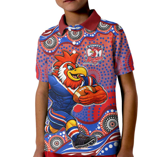 Sydney Roosters Kid Polo Shirt Aboriginal Dot Pattern - Rugby Mascot Heritage Pride