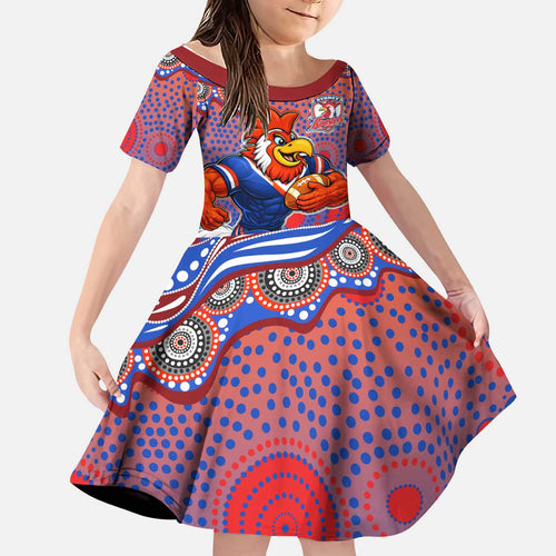 Sydney Roosters Kid Short Sleeve Dress Aboriginal Dot Pattern - Rugby Mascot Heritage Pride