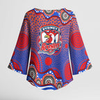 Sydney Roosters Kimono Sleeve Blouse Aboriginal Dot Pattern - Rugby Mascot Heritage Pride