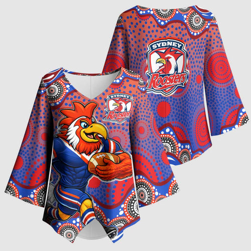 Sydney Roosters Kimono Sleeve Blouse Aboriginal Dot Pattern - Rugby Mascot Heritage Pride