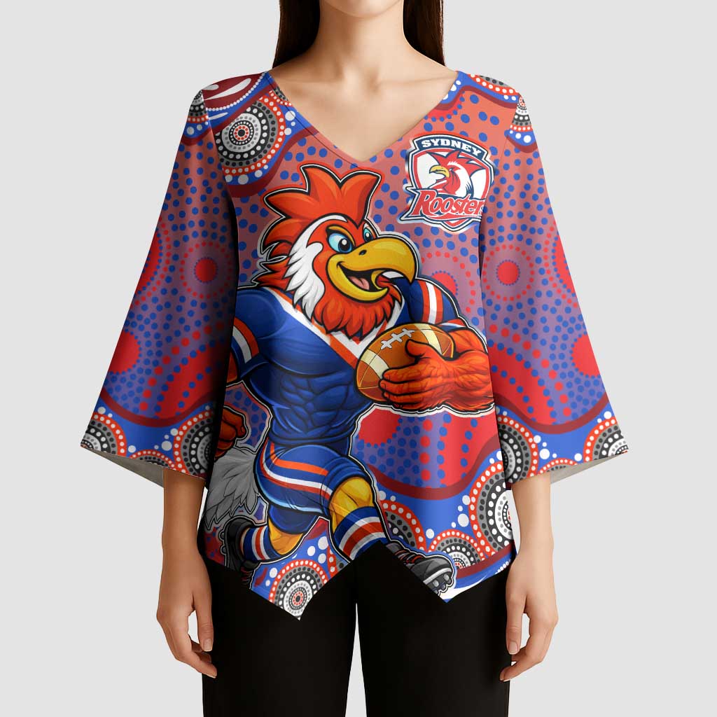 Sydney Roosters Kimono Sleeve Blouse Aboriginal Dot Pattern - Rugby Mascot Heritage Pride