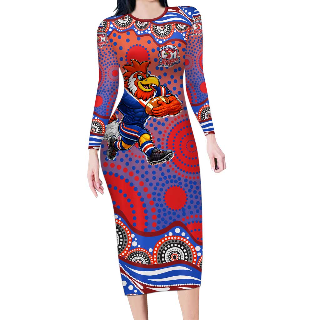 Sydney Roosters Long Sleeve Bodycon Dress Aboriginal Dot Pattern - Rugby Mascot Heritage Pride