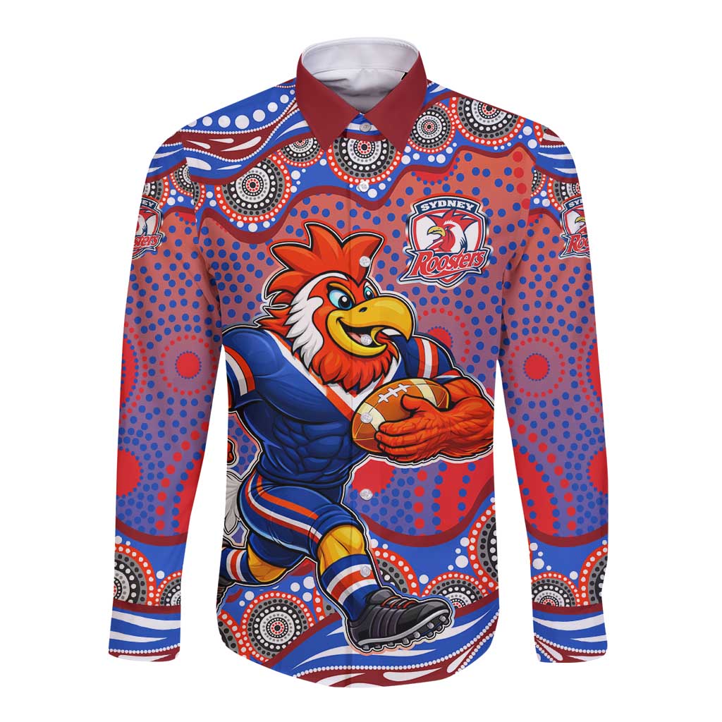 Sydney Roosters Long Sleeve Button Shirt Aboriginal Dot Pattern - Rugby Mascot Heritage Pride