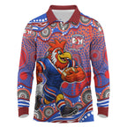 Sydney Roosters Long Sleeve Polo Shirt Aboriginal Dot Pattern - Rugby Mascot Heritage Pride