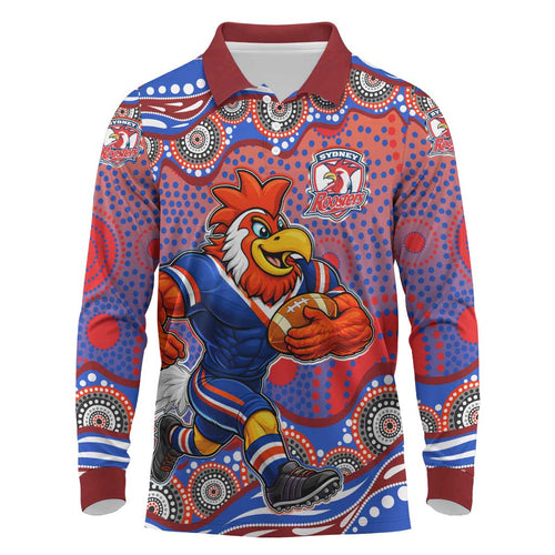 Sydney Roosters Long Sleeve Polo Shirt Aboriginal Dot Pattern - Rugby Mascot Heritage Pride