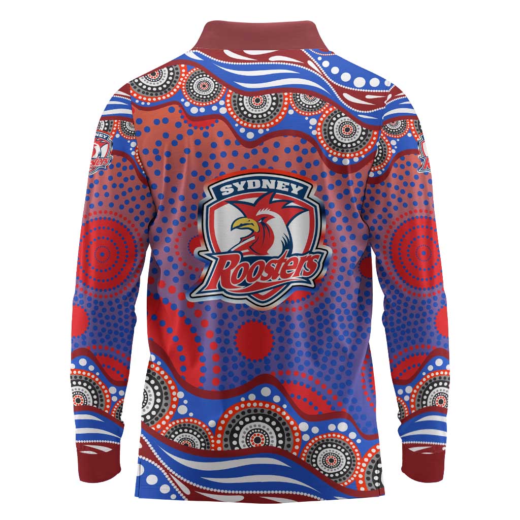 Sydney Roosters Long Sleeve Polo Shirt Aboriginal Dot Pattern - Rugby Mascot Heritage Pride