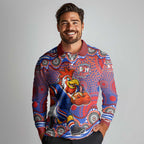 Sydney Roosters Long Sleeve Polo Shirt Aboriginal Dot Pattern - Rugby Mascot Heritage Pride