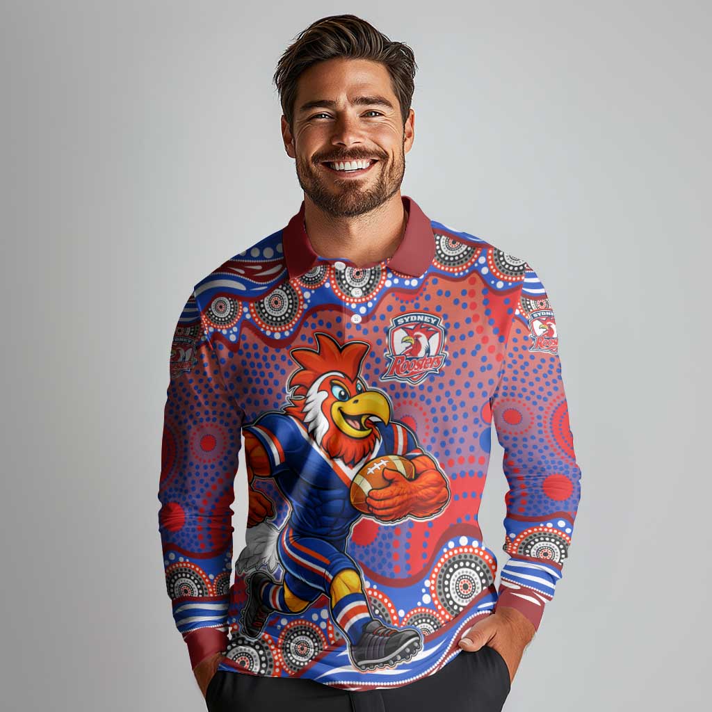 Sydney Roosters Long Sleeve Polo Shirt Aboriginal Dot Pattern - Rugby Mascot Heritage Pride