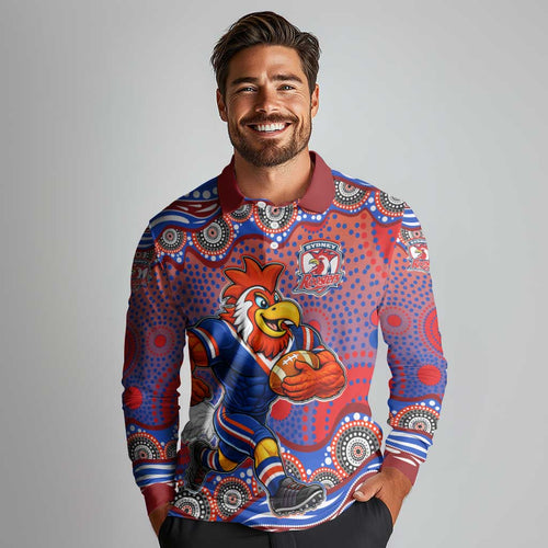 Sydney Roosters Long Sleeve Polo Shirt Aboriginal Dot Pattern - Rugby Mascot Heritage Pride