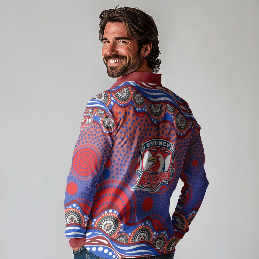 Sydney Roosters Long Sleeve Polo Shirt Aboriginal Dot Pattern - Rugby Mascot Heritage Pride
