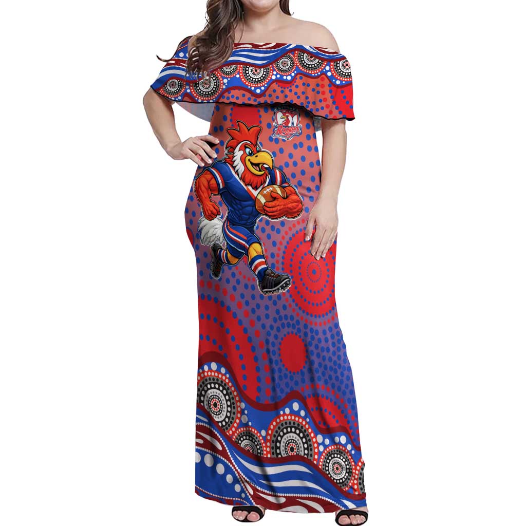 Sydney Roosters Off Shoulder Maxi Dress Aboriginal Dot Pattern - Rugby Mascot Heritage Pride