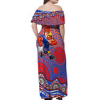 Sydney Roosters Off Shoulder Maxi Dress Aboriginal Dot Pattern - Rugby Mascot Heritage Pride