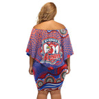 Sydney Roosters Off Shoulder Short Dress Aboriginal Dot Pattern - Rugby Mascot Heritage Pride