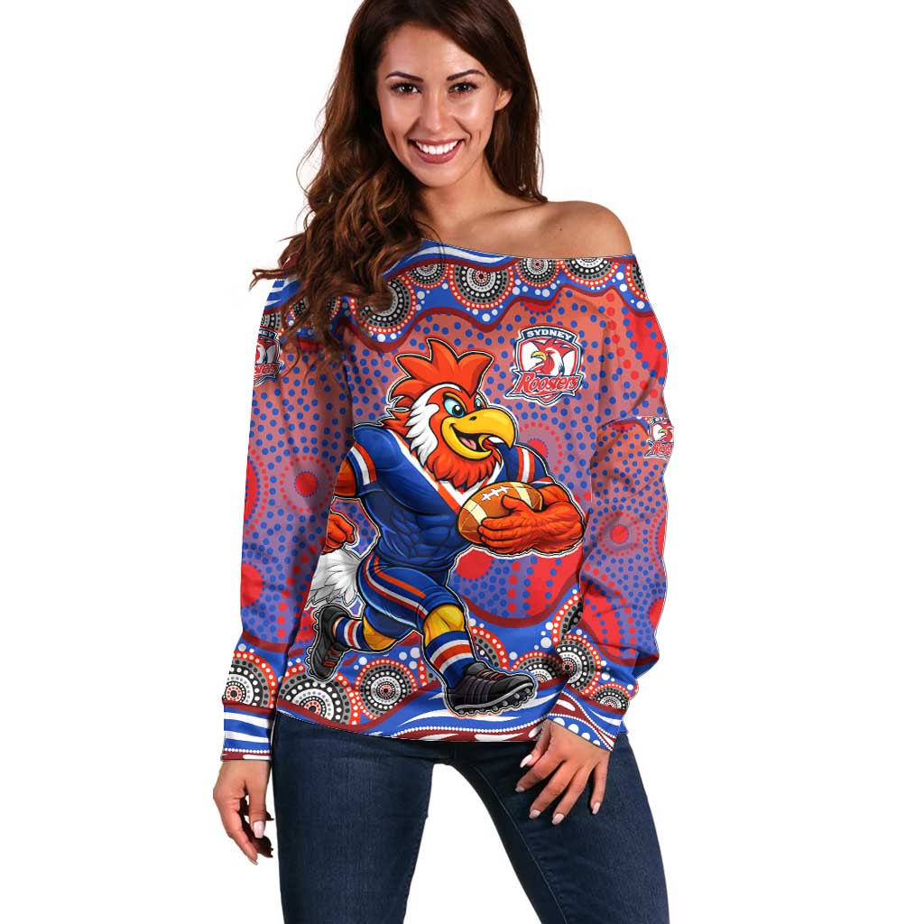 Sydney Roosters Off Shoulder Sweater Aboriginal Dot Pattern - Rugby Mascot Heritage Pride