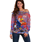 Sydney Roosters Off Shoulder Sweater Aboriginal Dot Pattern - Rugby Mascot Heritage Pride