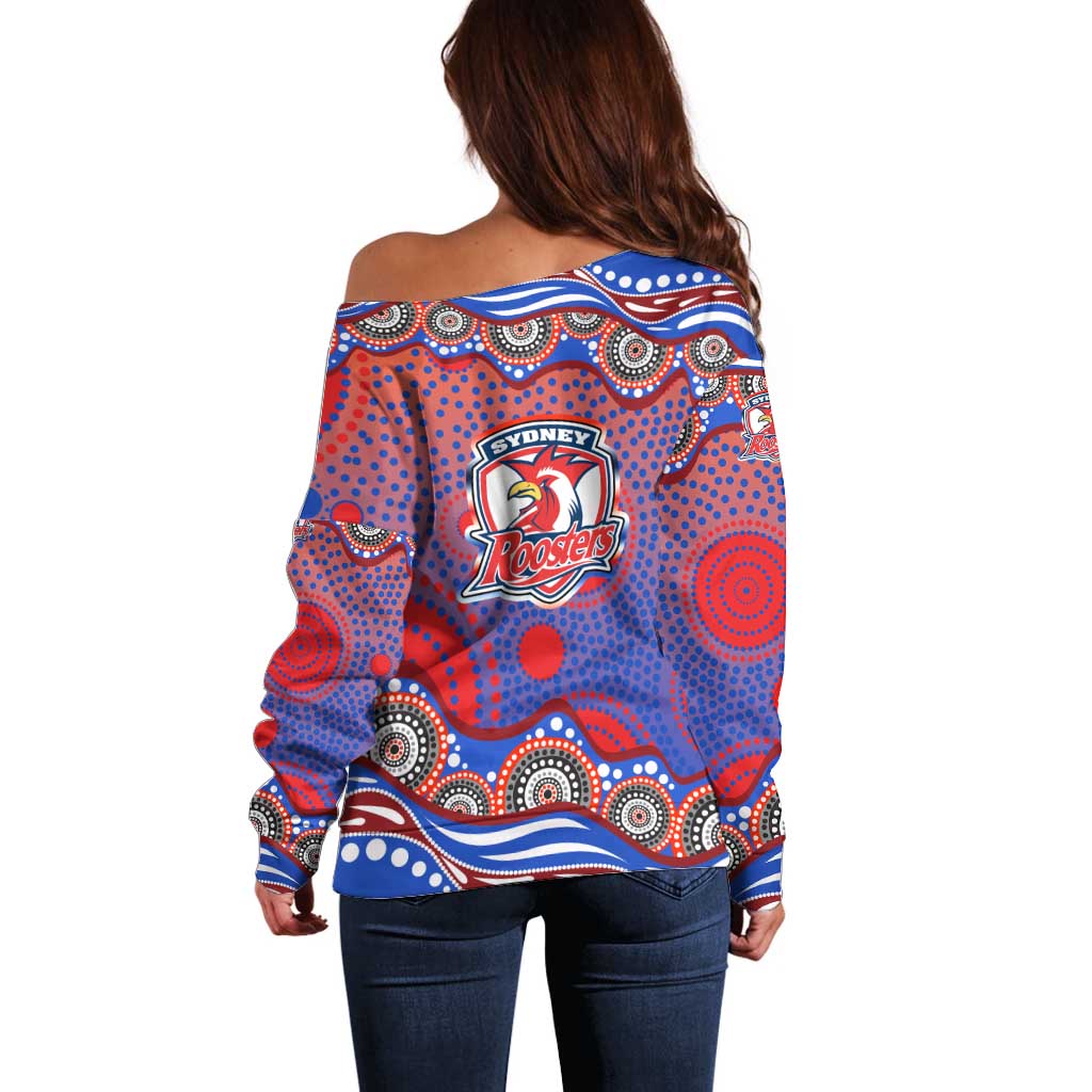 Sydney Roosters Off Shoulder Sweater Aboriginal Dot Pattern - Rugby Mascot Heritage Pride