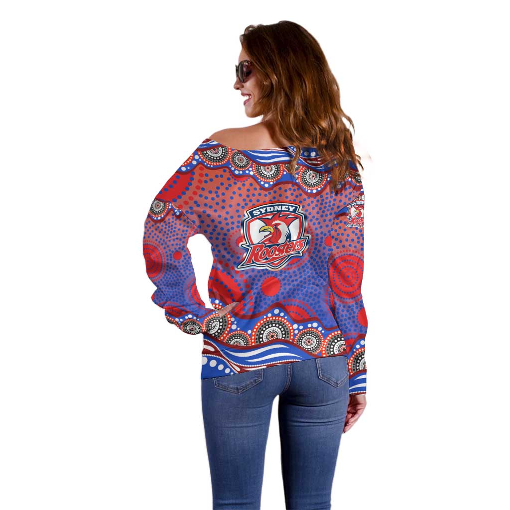 Sydney Roosters Off Shoulder Sweater Aboriginal Dot Pattern - Rugby Mascot Heritage Pride