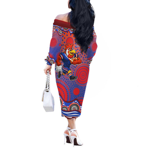 Sydney Roosters Off The Shoulder Long Sleeve Dress Aboriginal Dot Pattern - Rugby Mascot Heritage Pride